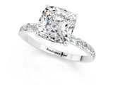 White gold Cushion Cut Moissanite Solitaire Ring with Pave Band and Four Prong Setting_25