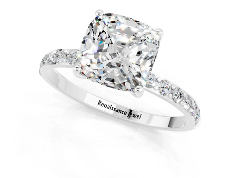 White gold Cushion Cut Moissanite Solitaire Ring with Pave Band and Four Prong Setting_25