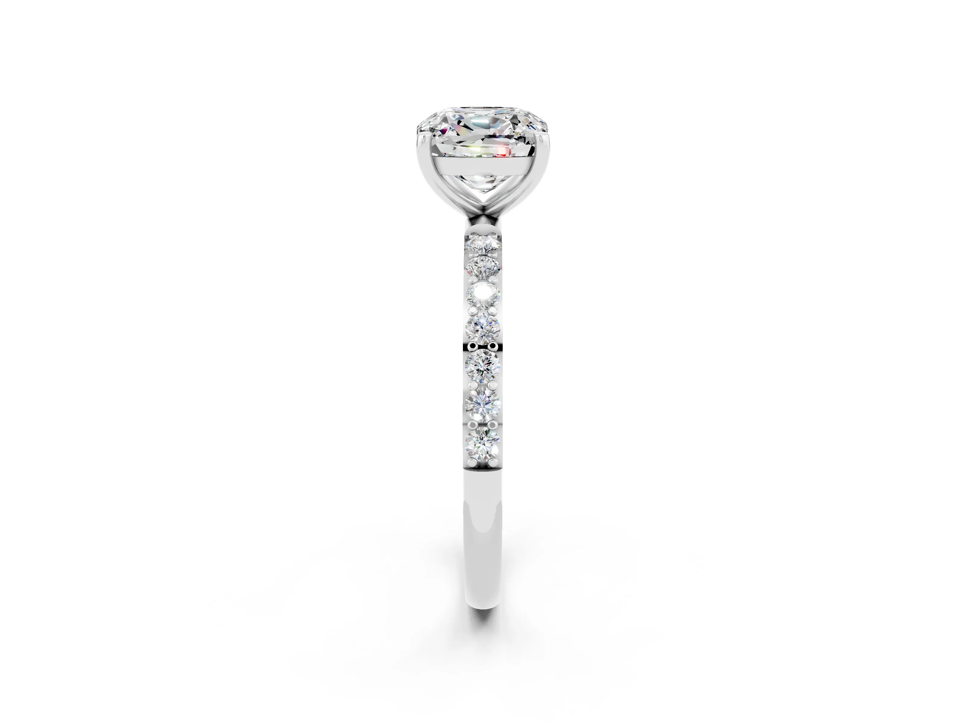 White gold Cushion Cut Moissanite Solitaire Ring with Pave Band and Four Prong Setting_26