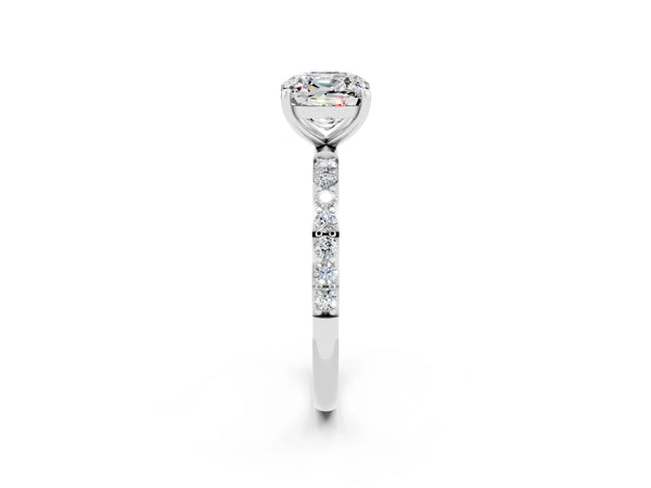 Silver Cushion Cut Moissanite Solitaire Ring with Round  Pavé Band and Prong Setting