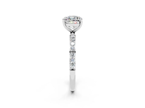 White gold Cushion Cut Moissanite Solitaire Ring with Pave Band and Four Prong Setting_26