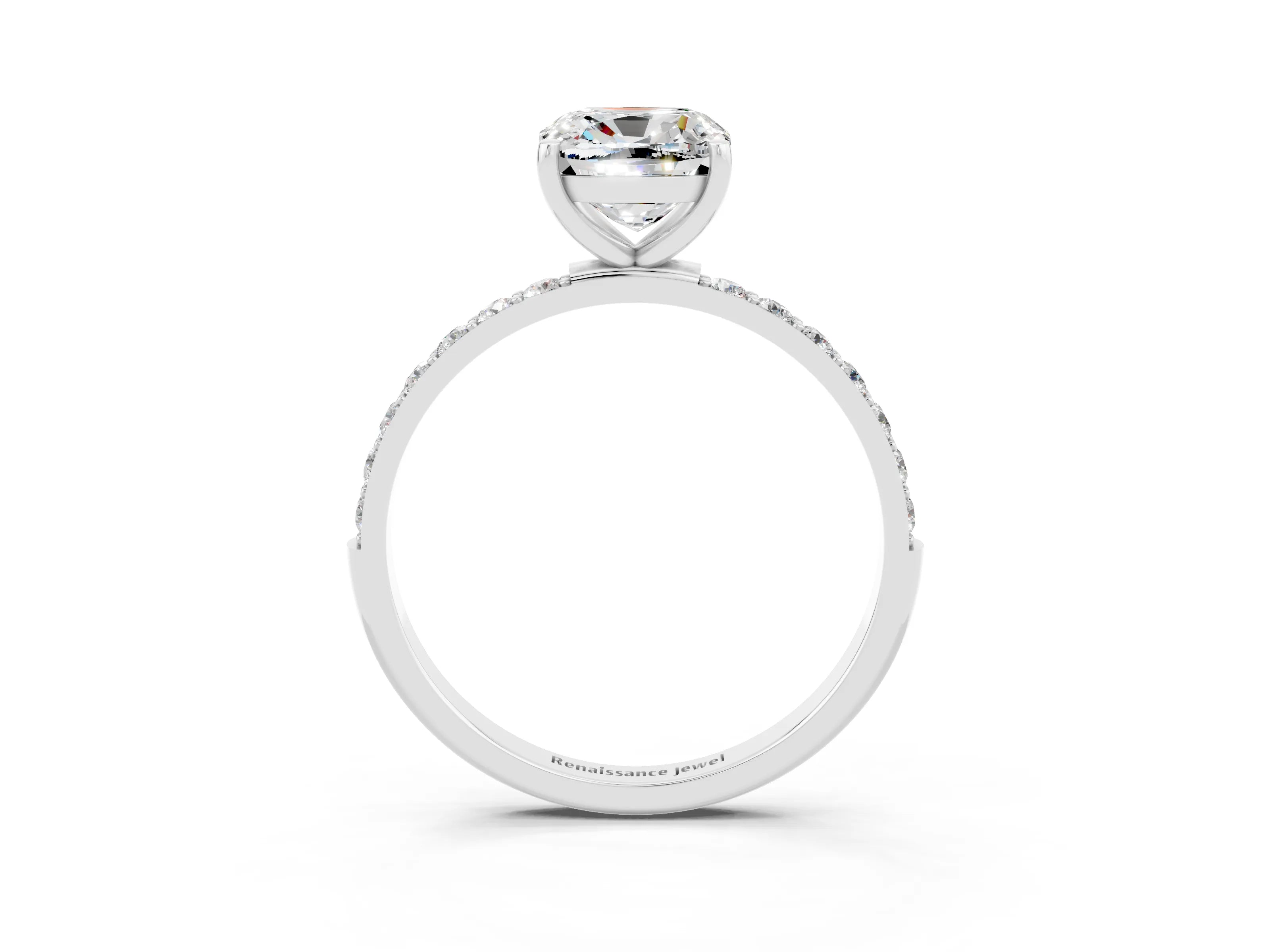 White gold Cushion Cut Moissanite Solitaire Ring with Pave Band and Four Prong Setting_27