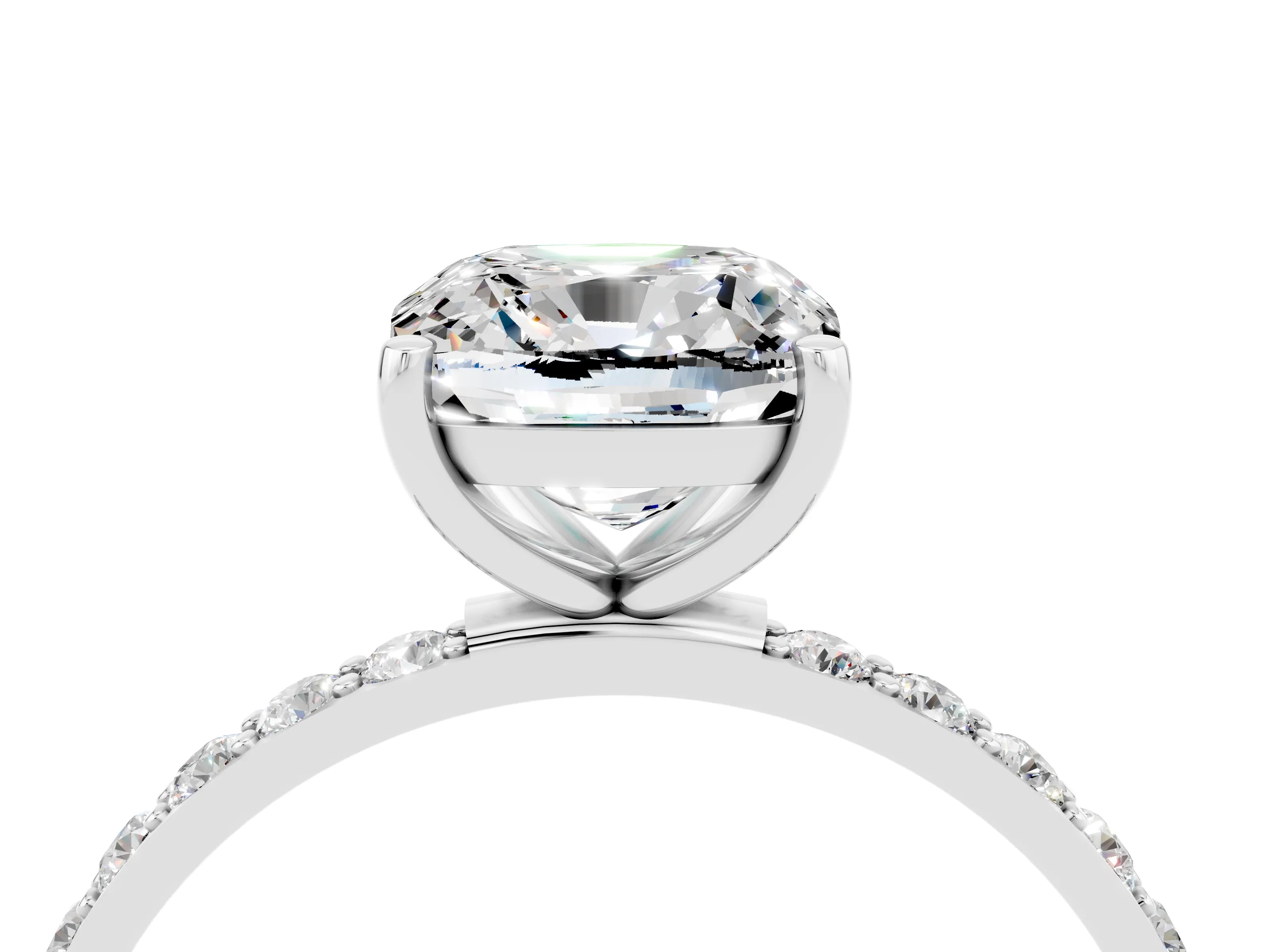 White gold Cushion Cut Moissanite Solitaire Ring with Pave Band and Four Prong Setting_28