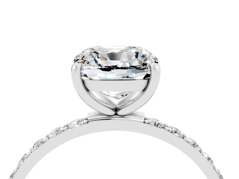 White gold Cushion Cut Moissanite Solitaire Ring with Pave Band and Four Prong Setting_28