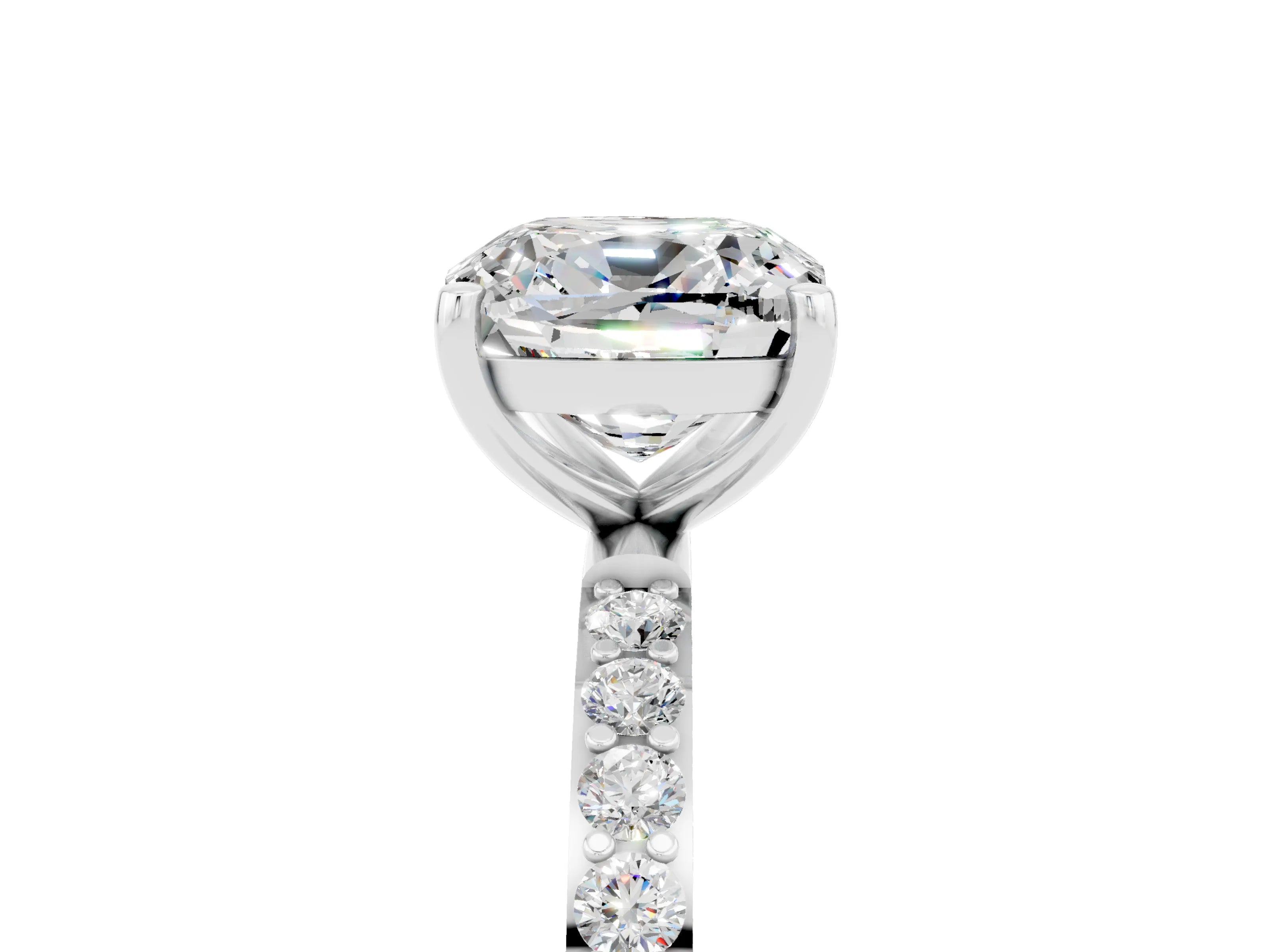 White gold Cushion Cut Moissanite Solitaire Ring with Pave Band and Four Prong Setting_29