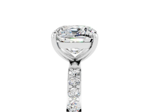 White gold Cushion Cut Moissanite Solitaire Ring with Pave Band and Four Prong Setting_29