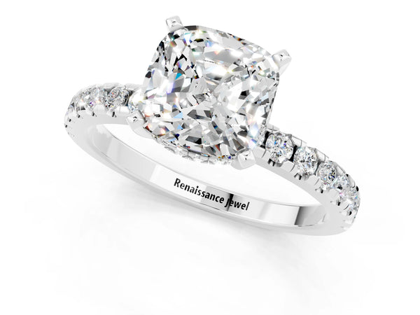 White gold Cushion Cut Moissanite Solitaire Ring with Round Pavé Band and Four-Prong Setting