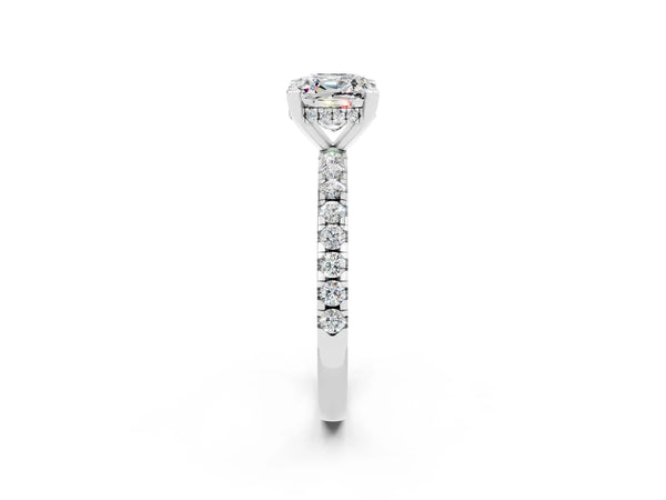 White gold Cushion Cut Moissanite Solitaire Ring with Round Pavé Band and Four-Prong Setting