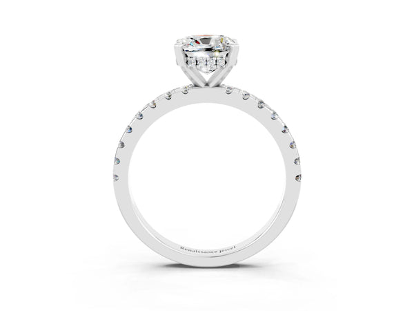 White gold Cushion Cut Moissanite Solitaire Ring with Round Pavé Band and Four-Prong Setting