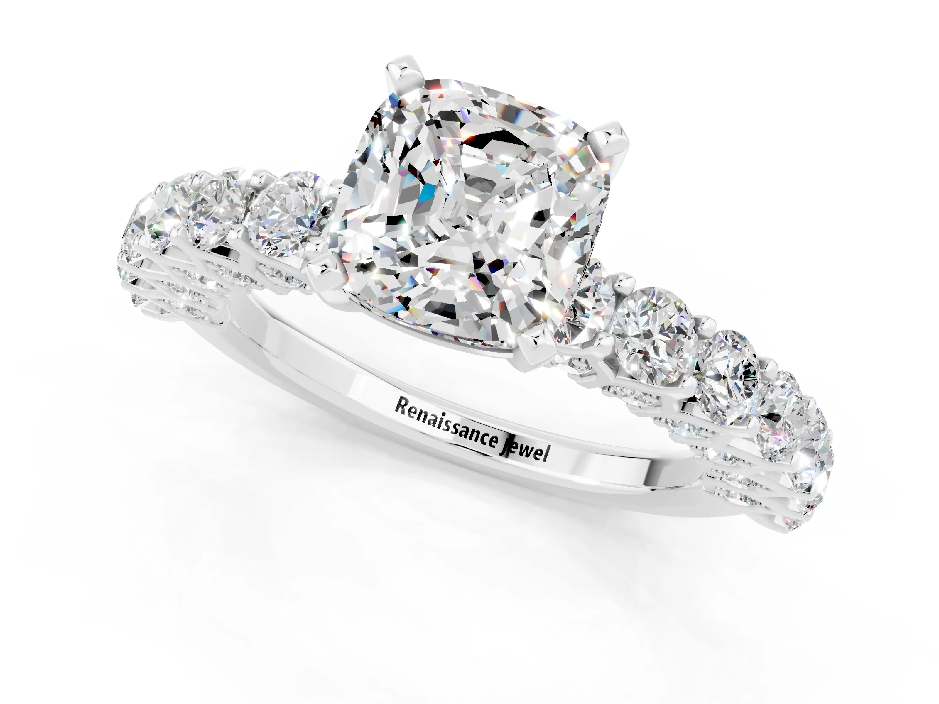 White gold Cushion Cut Moissanite Solitaire Ring with Shared Prong Pavé Band and Four-Prong Setting_1