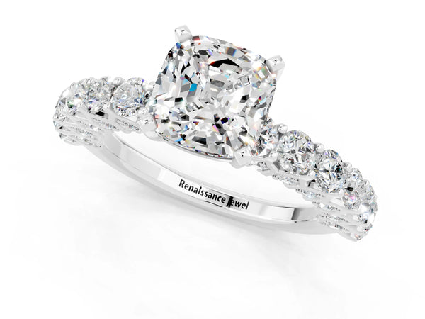 White gold Cushion Cut Moissanite Solitaire Ring with Shared Prong Pavé Band and Four-Prong Setting