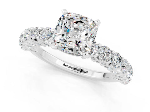 White gold Cushion Cut Moissanite Solitaire Ring with Shared Prong Pavé Band and Four-Prong Setting_1
