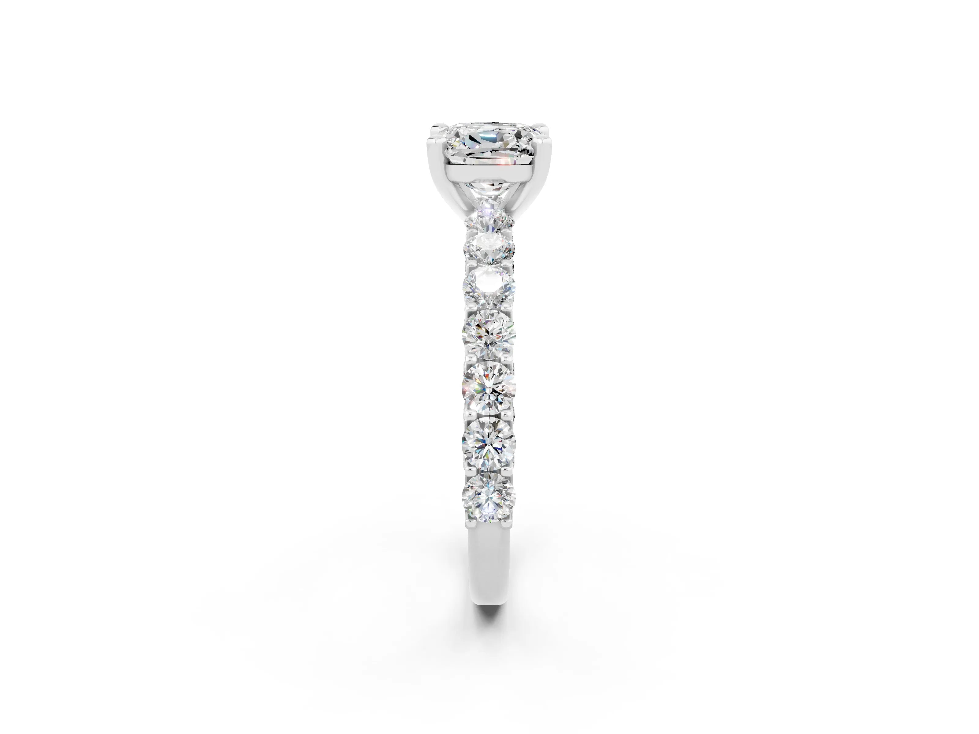 White gold Cushion Cut Moissanite Solitaire Ring with Shared Prong Pavé Band and Four-Prong Setting_2