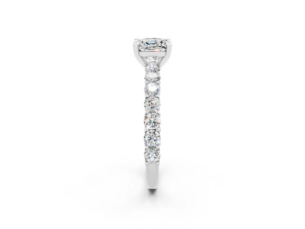 Silver Cushion Cut Moissanite Solitaire Ring with Shared Prong Pavé Band and Four-Prong Setting