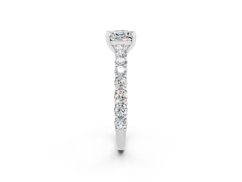 White gold Cushion Cut Moissanite Solitaire Ring with Shared Prong Pavé Band and Four-Prong Setting_2