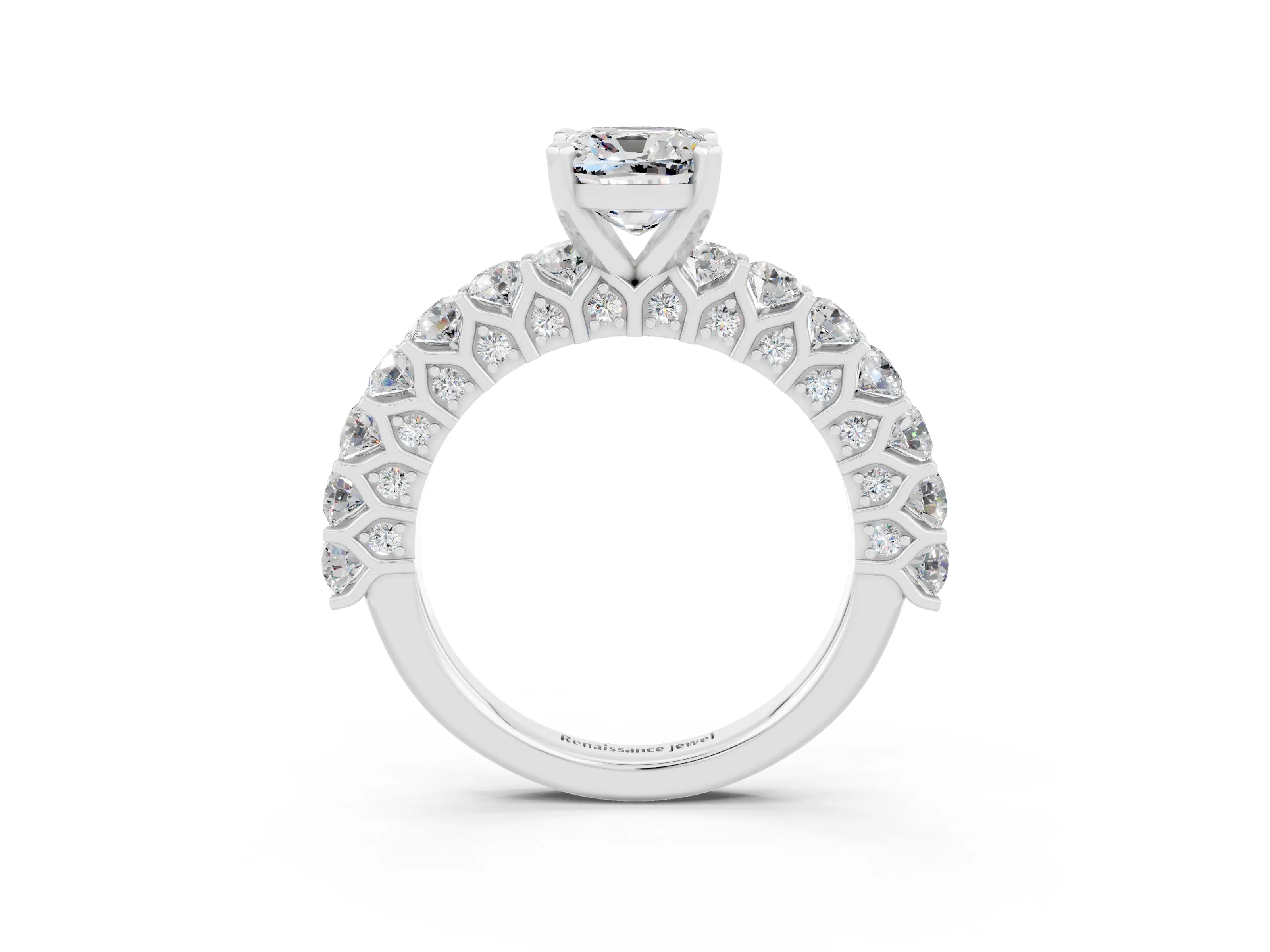 White gold Cushion Cut Moissanite Solitaire Ring with Shared Prong Pavé Band and Four-Prong Setting_3