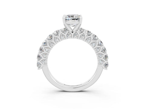 White gold Cushion Cut Moissanite Solitaire Ring with Shared Prong Pavé Band and Four-Prong Setting_3