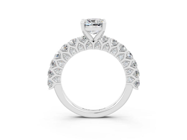 Silver Cushion Cut Moissanite Solitaire Ring with Shared Prong Pavé Band and Four-Prong Setting
