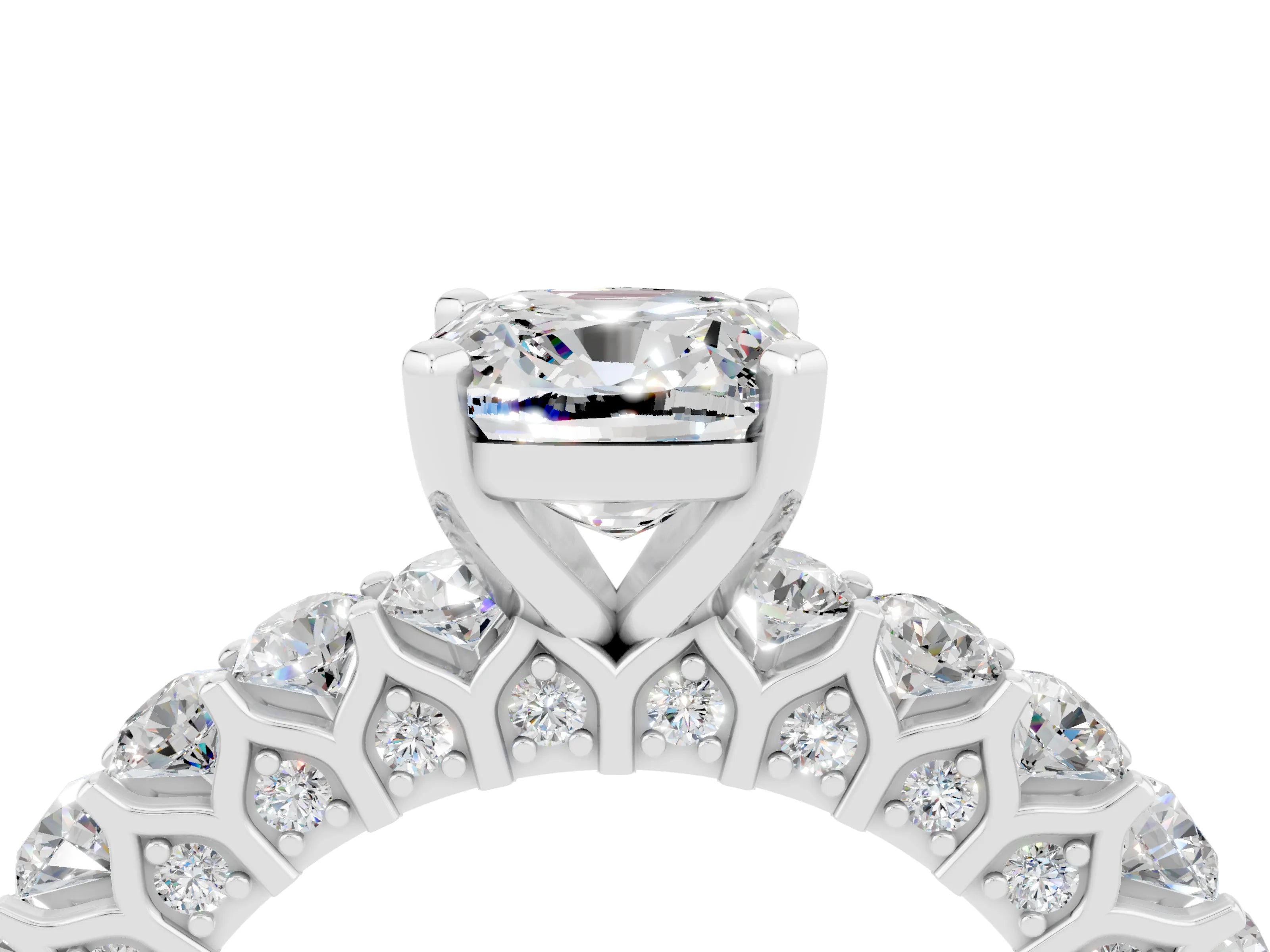 White gold Cushion Cut Moissanite Solitaire Ring with Shared Prong Pavé Band and Four-Prong Setting_4