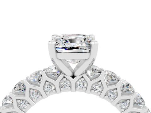 White gold Cushion Cut Moissanite Solitaire Ring with Shared Prong Pavé Band and Four-Prong Setting_4