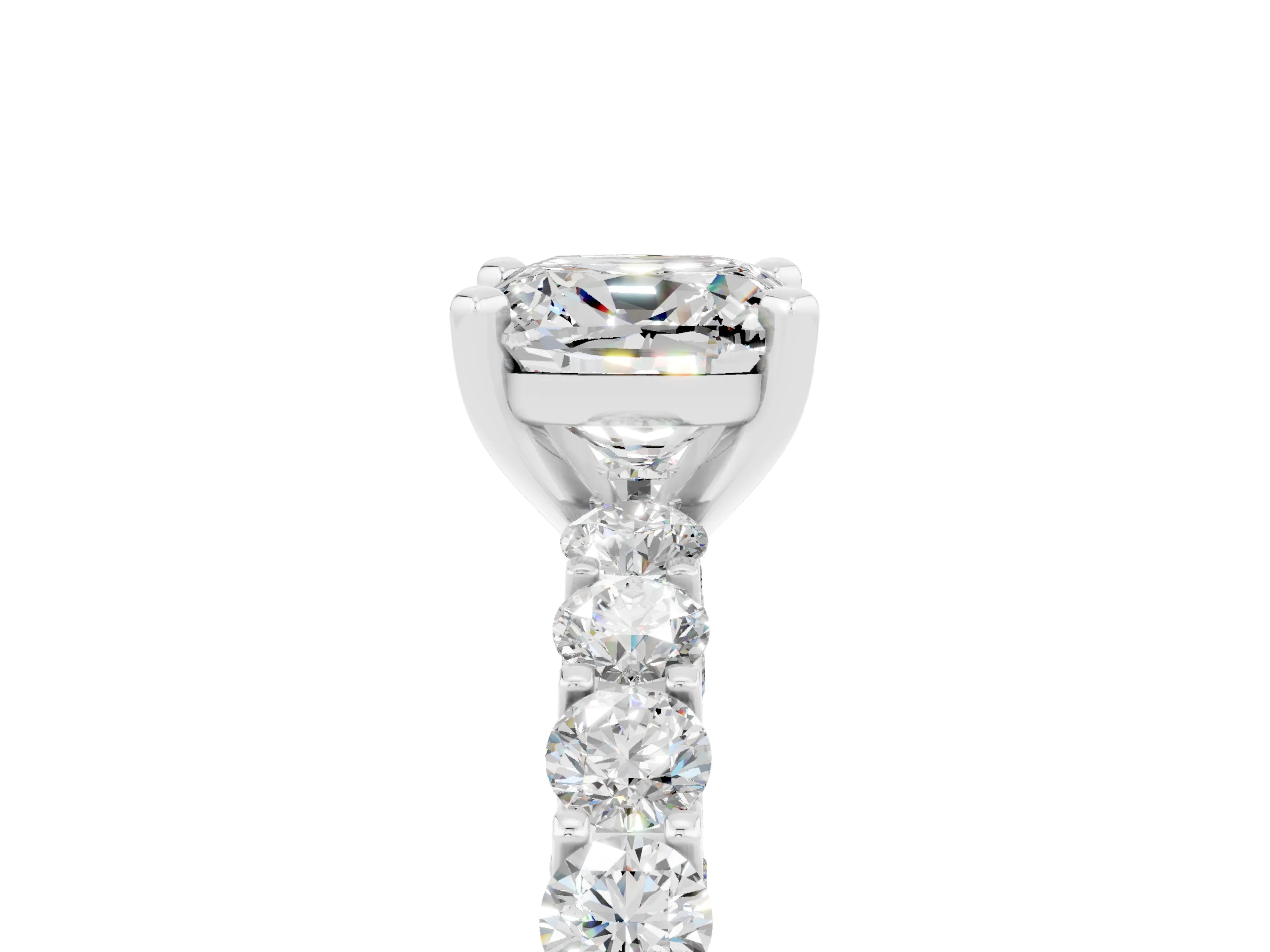White gold Cushion Cut Moissanite Solitaire Ring with Shared Prong Pavé Band and Four-Prong Setting_5