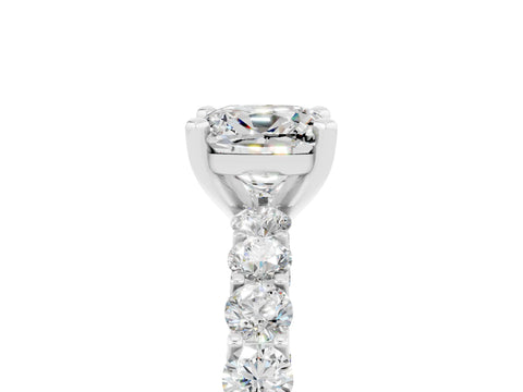 White gold Cushion Cut Moissanite Solitaire Ring with Shared Prong Pavé Band and Four-Prong Setting_5