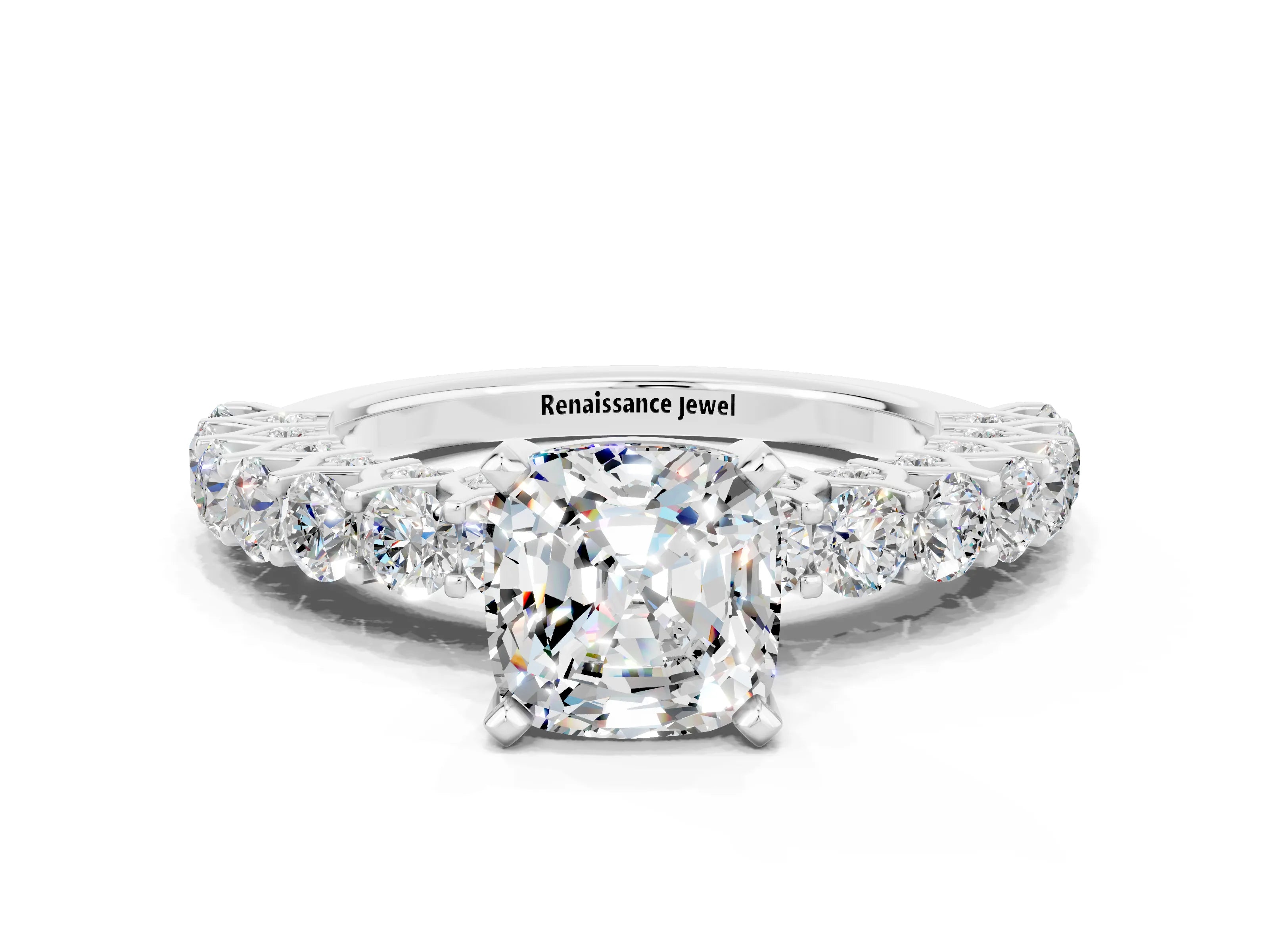 White gold Cushion Cut Moissanite Solitaire Ring with Shared Prong Pavé Band and Four-Prong Setting