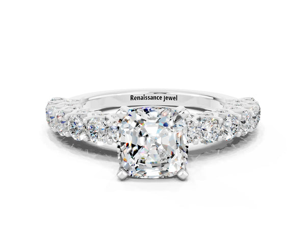 Silver Cushion Cut Moissanite Solitaire Ring with Shared Prong Pavé Band and Four-Prong Setting