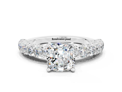 White gold Cushion Cut Moissanite Solitaire Ring with Shared Prong Pavé Band and Four-Prong Setting