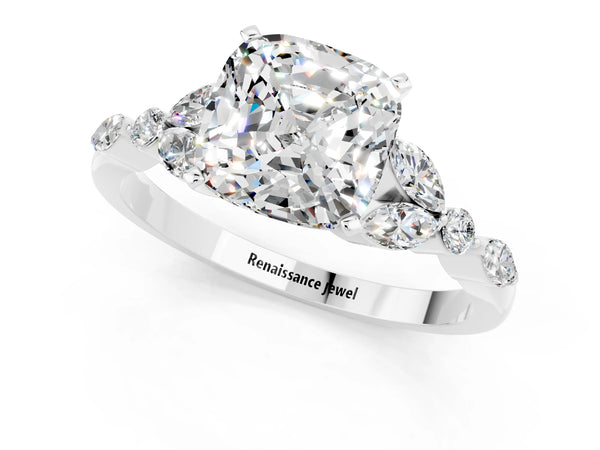 Silver Cushion Cut Moissanite Solitaire Ring with Side Stones and Four-Prong Setting