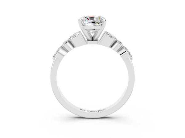 Platinum Cushion Cut Moissanite Solitaire Ring with Side Stones and Four-Prong Setting