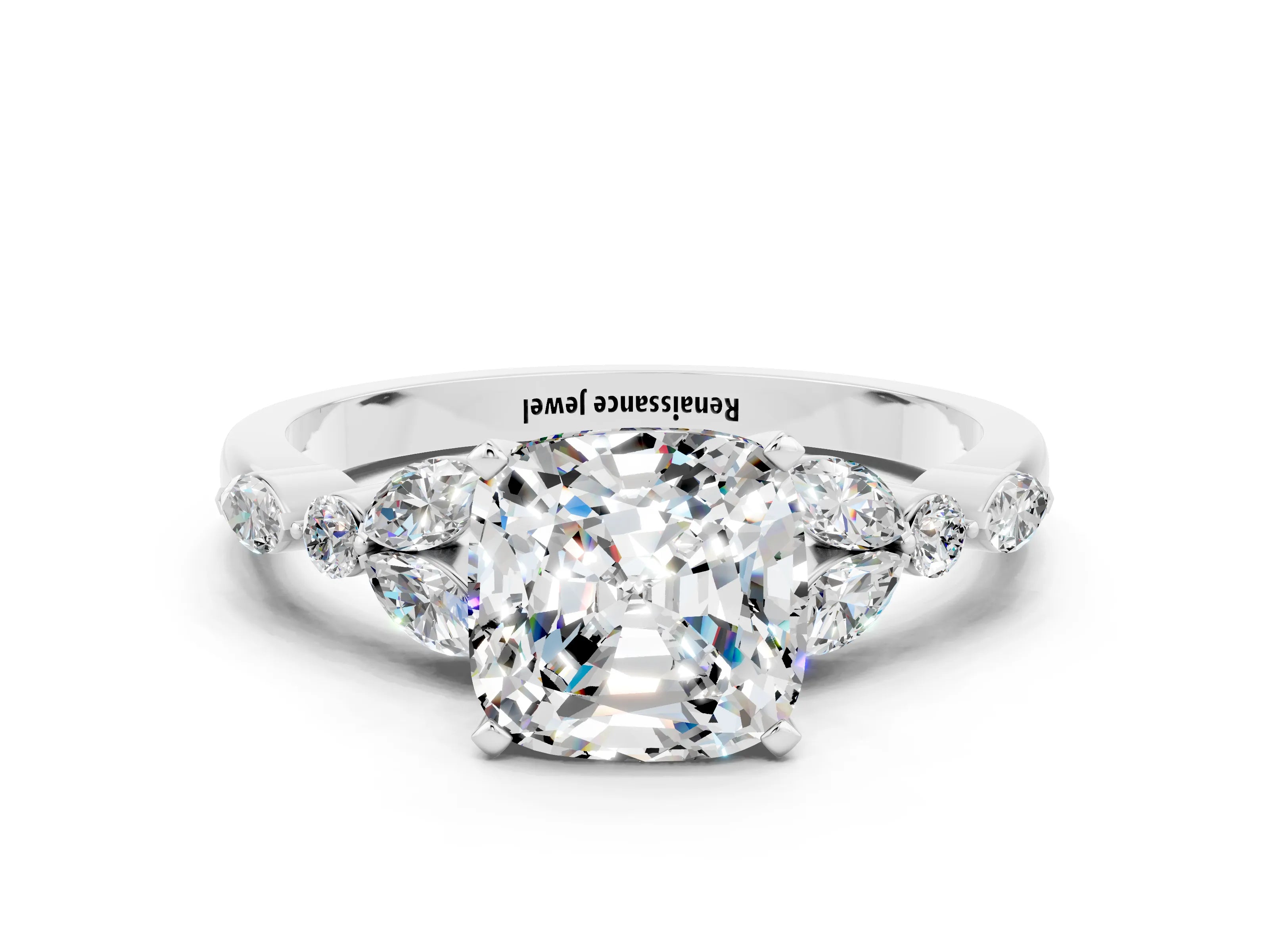 White gold Cushion Cut Moissanite Solitaire Ring with Side Stones and Four-Prong Setting_24