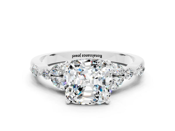 White gold Cushion Cut Moissanite Solitaire Ring with Side Stones and Four-Prong Setting