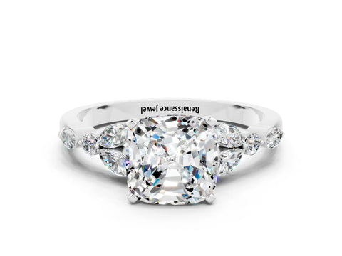 White gold Cushion Cut Moissanite Solitaire Ring with Side Stones and Four-Prong Setting_24