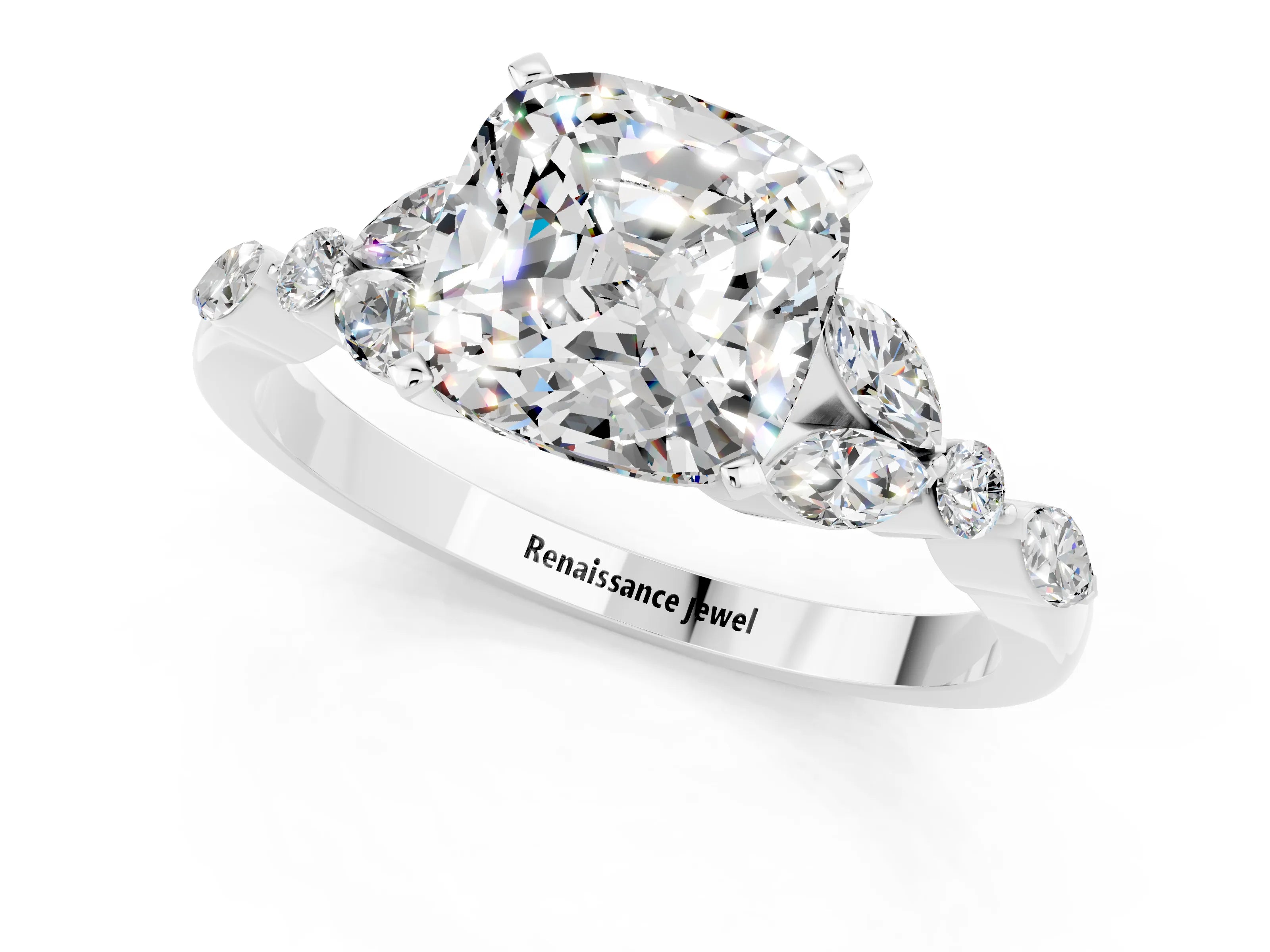 White gold Cushion Cut Moissanite Solitaire Ring with Side Stones and Four-Prong Setting_25