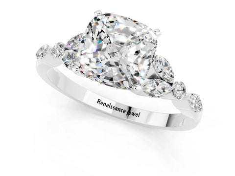 White gold Cushion Cut Moissanite Solitaire Ring with Side Stones and Four-Prong Setting_25