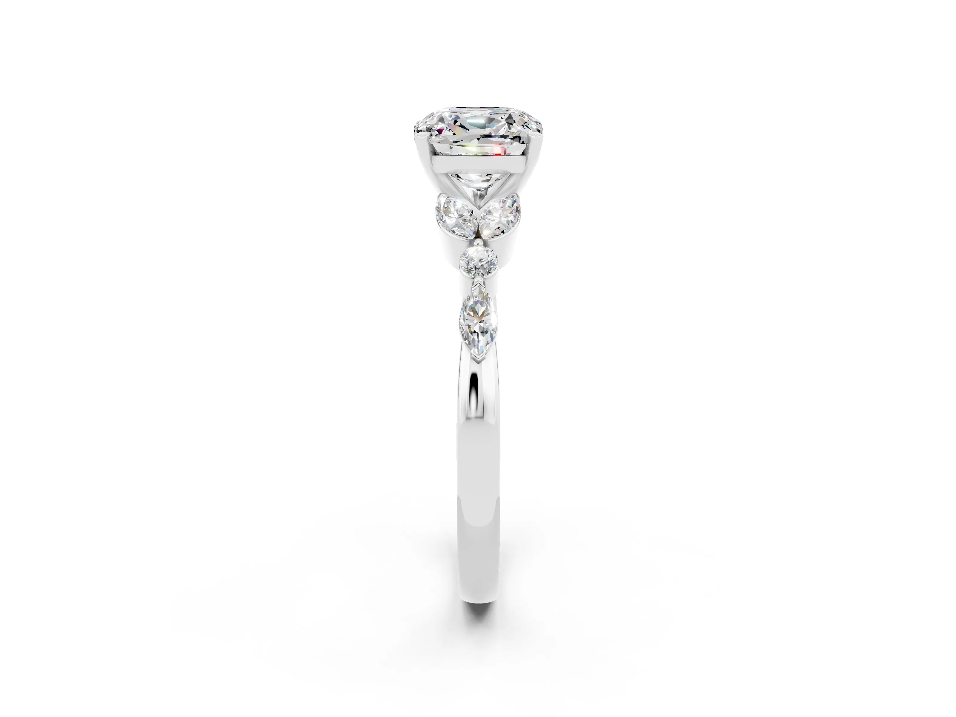 White gold Cushion Cut Moissanite Solitaire Ring with Side Stones and Four-Prong Setting_26