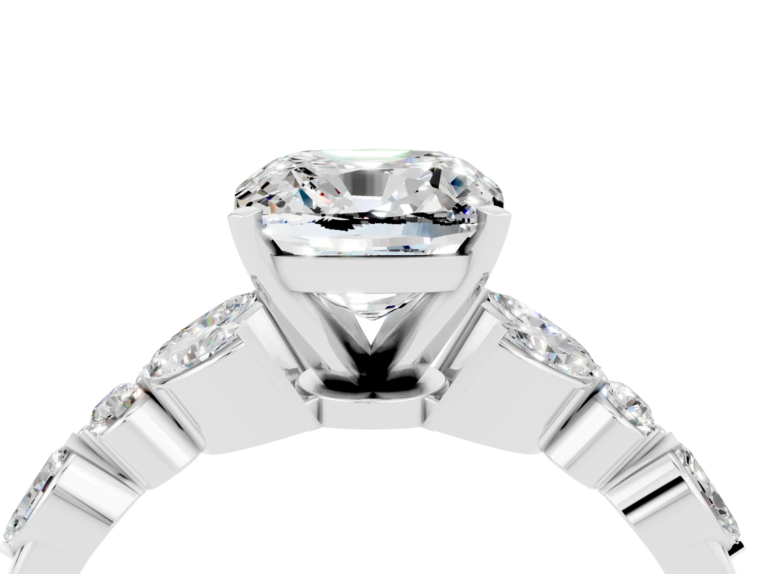 White gold Cushion Cut Moissanite Solitaire Ring with Side Stones and Four-Prong Setting_28
