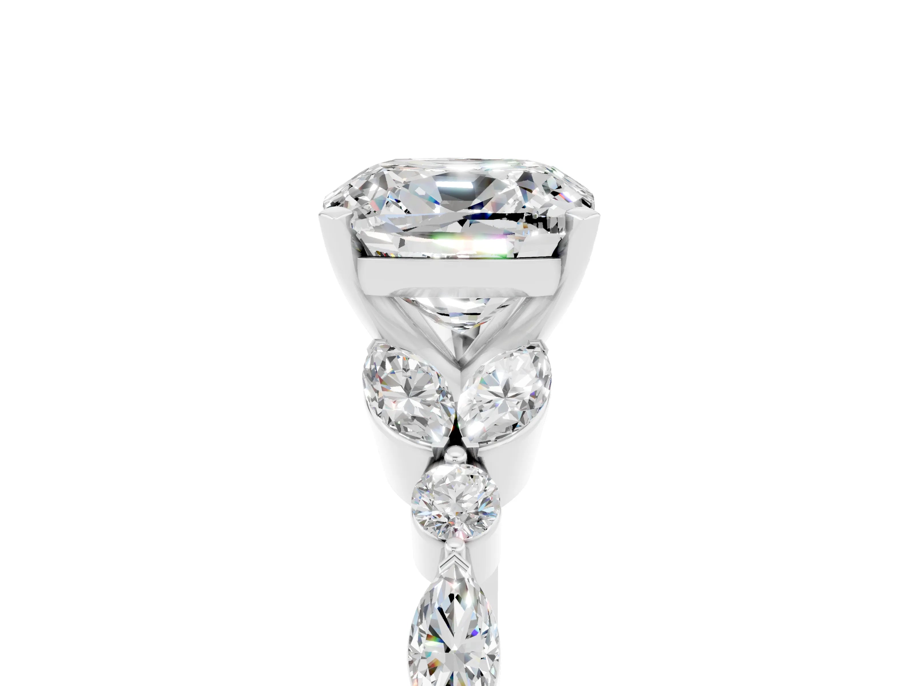 White gold Cushion Cut Moissanite Solitaire Ring with Side Stones and Four-Prong Setting_29