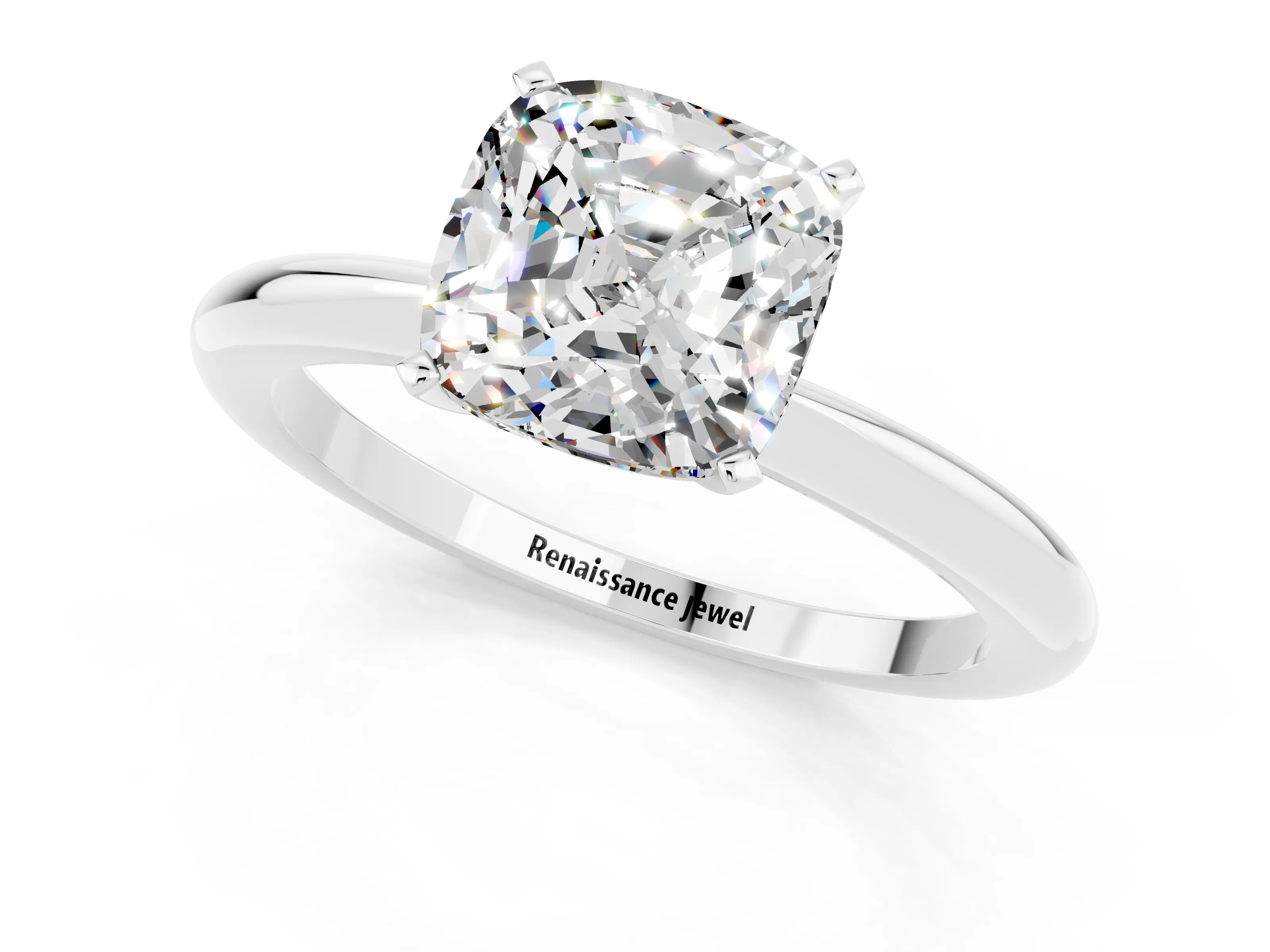 White gold Cushion Cut Moissanite Solitaire Ring with Six-Prong Setting and Classic Band_1