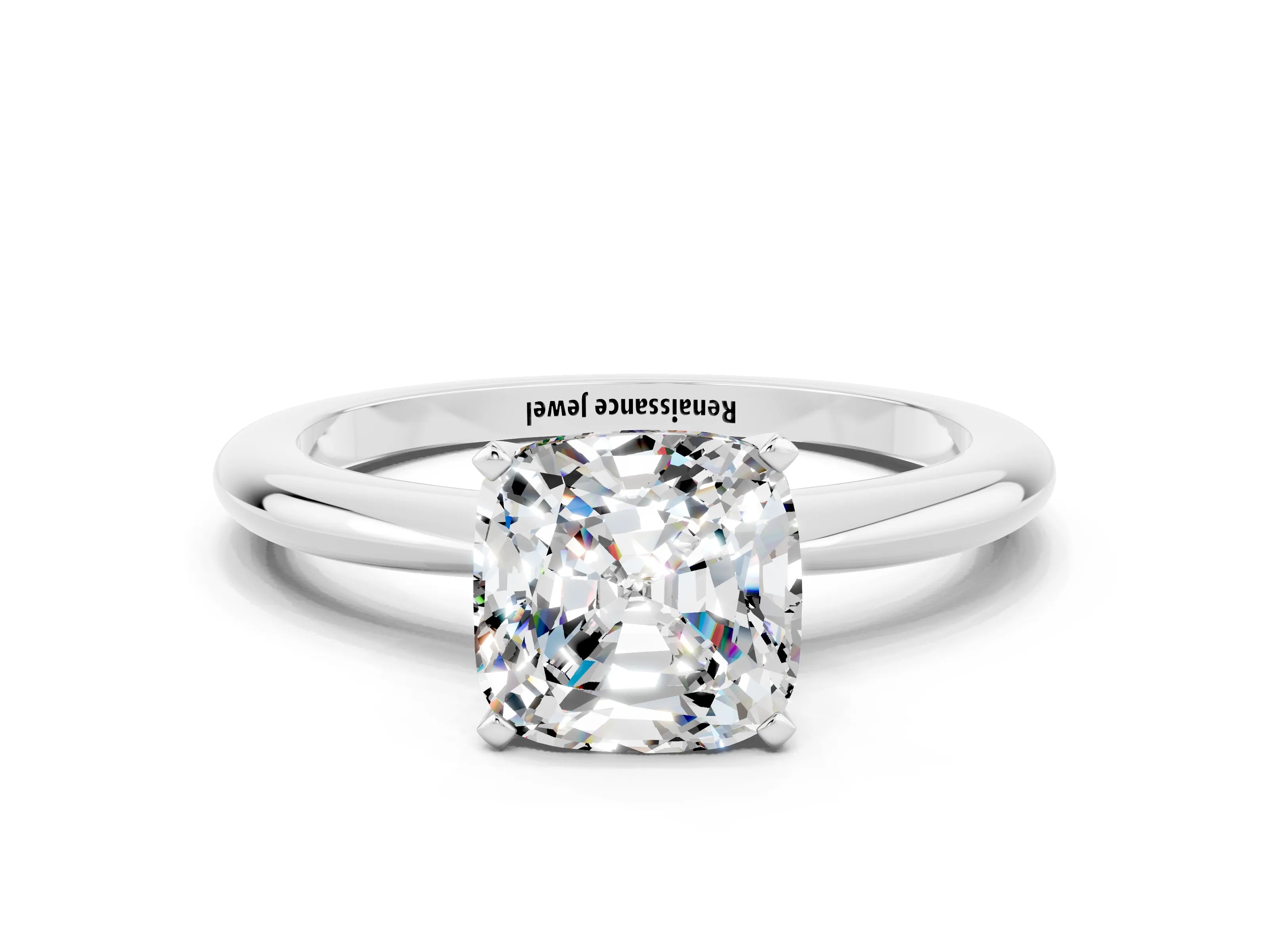 White gold Cushion Cut Moissanite Solitaire Ring with Six-Prong Setting and Classic Band_12