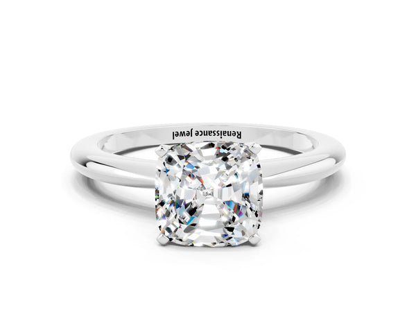 White gold Cushion Cut Moissanite Solitaire Ring with Six-Prong Setting and Classic Band