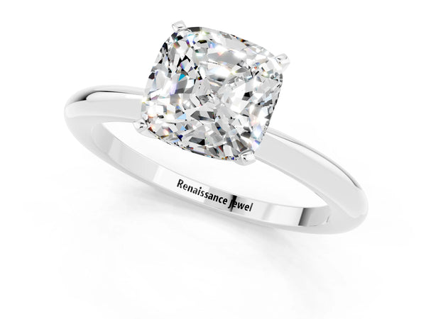 Silver Cushion Cut Moissanite Solitaire Ring with Six-Prong Setting and Classic Band