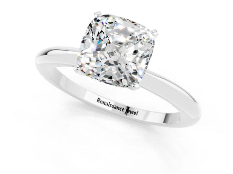 White gold Cushion Cut Moissanite Solitaire Ring with Six-Prong Setting and Classic Band_1