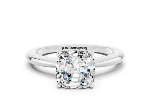 White gold Cushion Cut Moissanite Solitaire Ring with Six-Prong Setting and Classic Band