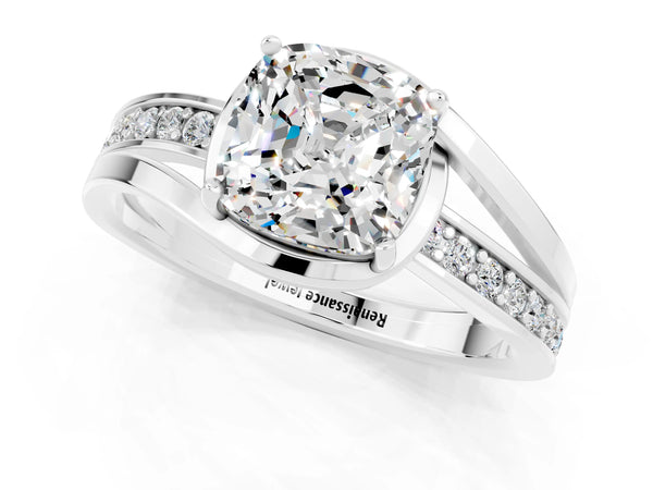 White gold Cushion Cut Moissanite Solitaire Ring with Split Shank and Prong Setting