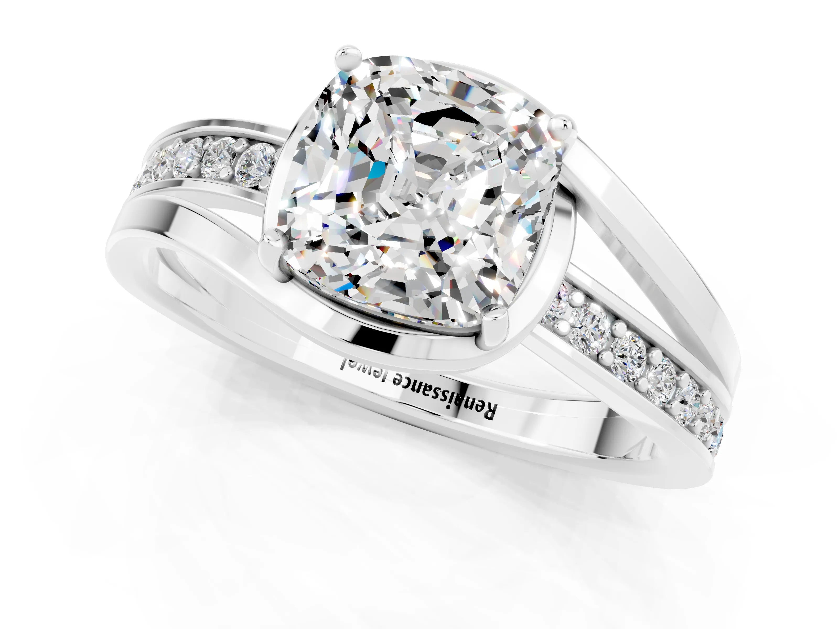 White gold Cushion Cut Moissanite Solitaire Ring with Split Shank and Prong Setting_1