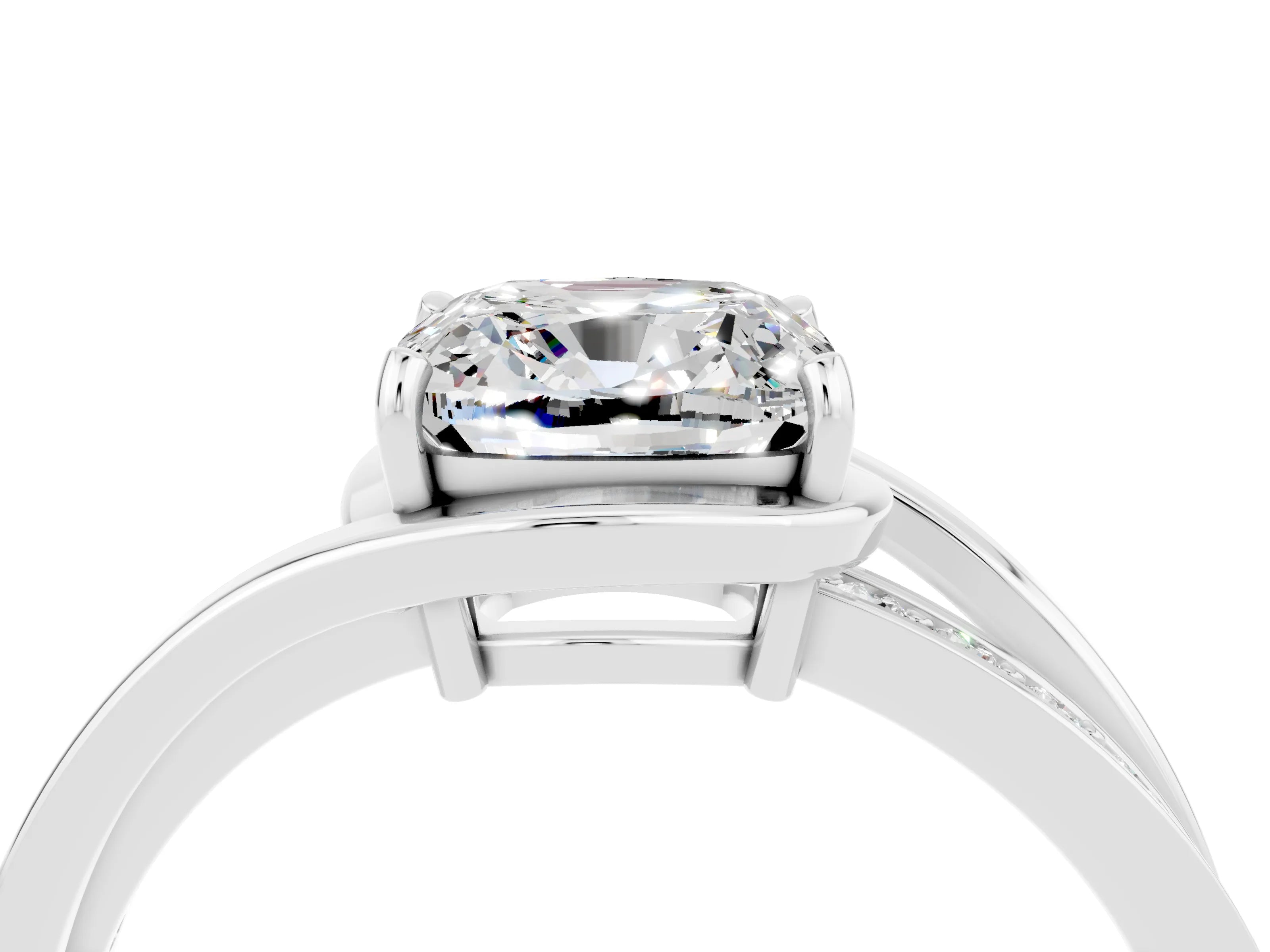 White gold Cushion Cut Moissanite Solitaire Ring with Split Shank and Prong Setting_4