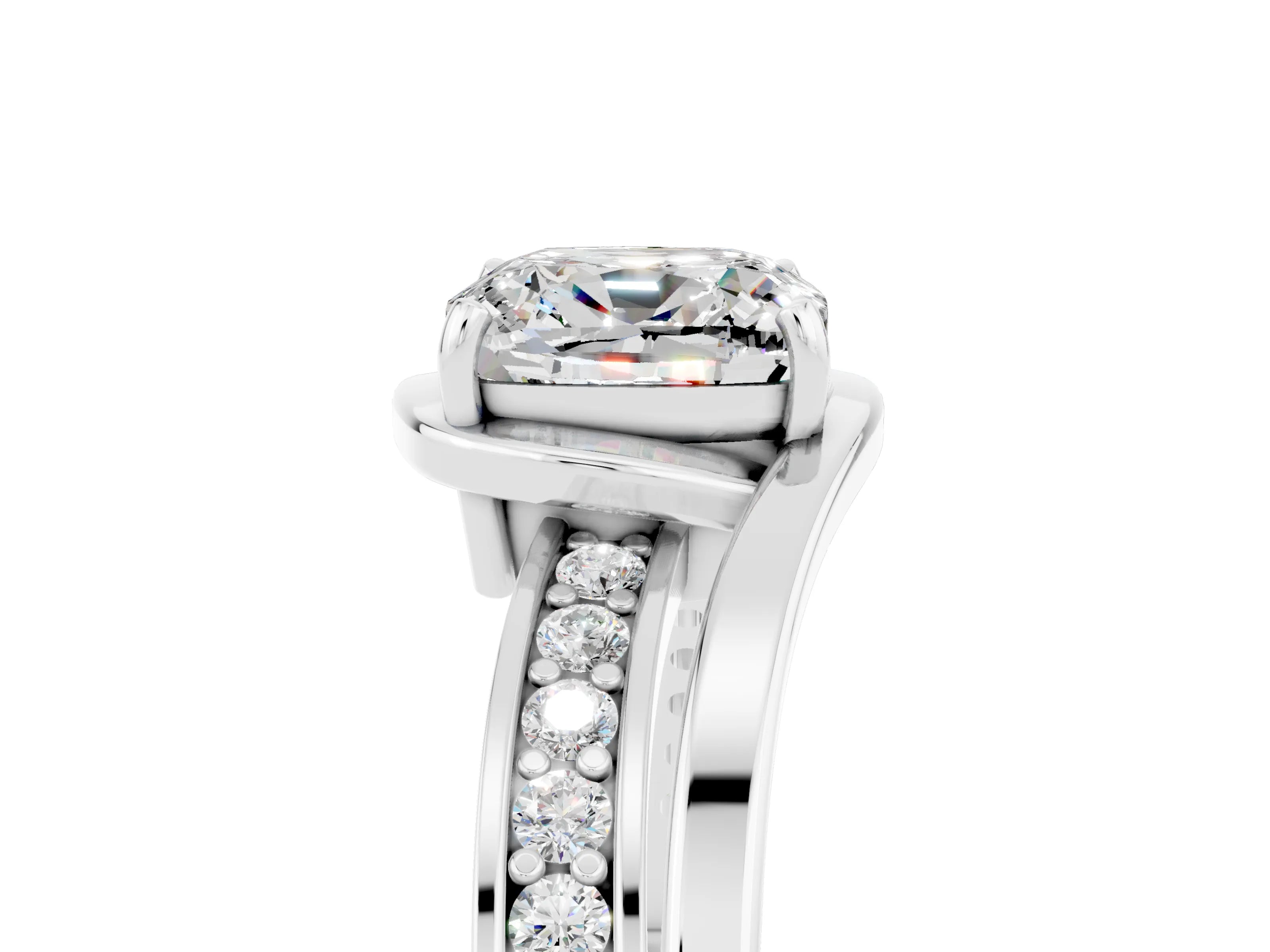 White gold Cushion Cut Moissanite Solitaire Ring with Split Shank and Prong Setting_5