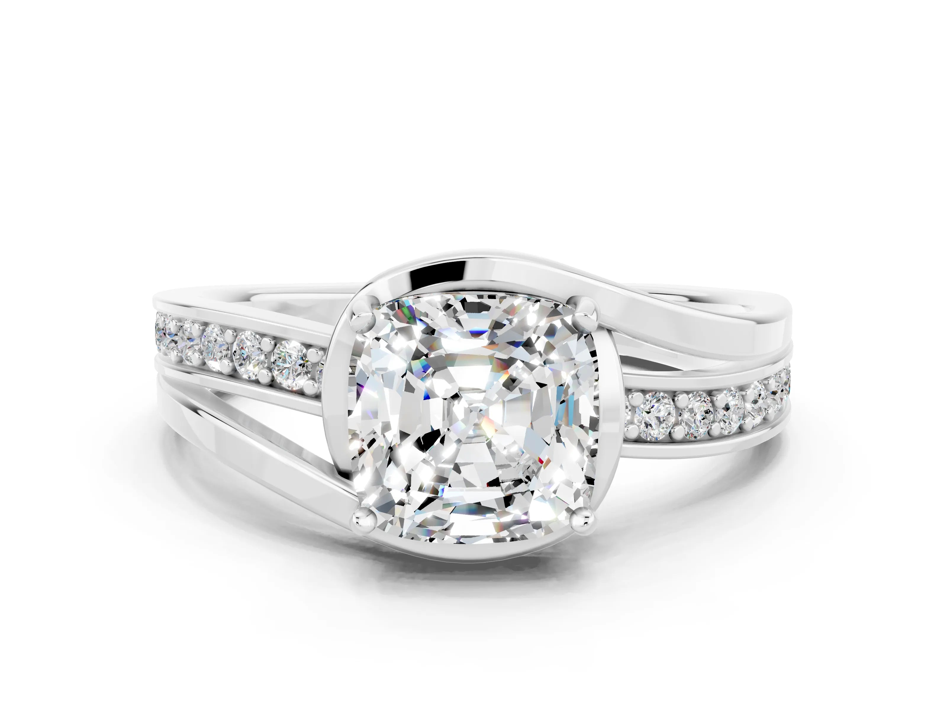 White gold Cushion Cut Moissanite Solitaire Ring with Split Shank and Prong Setting